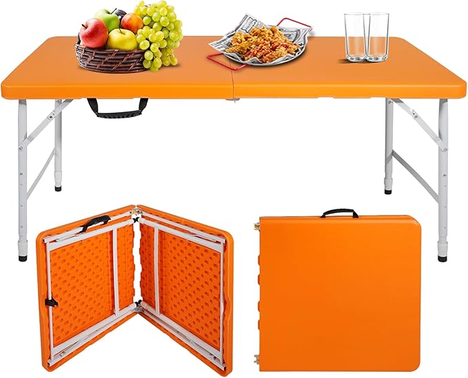 Portable Plastic Folding Table 4ft/6ft/8ft Heavy Duty White-Orange Picnic Dining Table Fold-in-Half for Camp Party Kitchen Indoor Outdoor