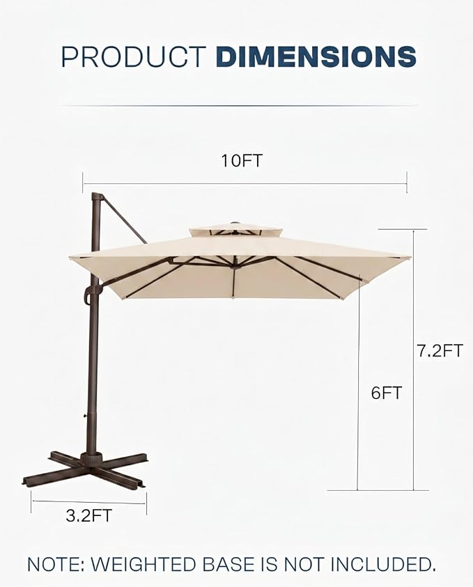 10'×10' Patio Umbrella, Double Top Aluminum Cantilever Umbrella with 360°Rotation, Offset Patio Umbrella with Easy Tilt for Pool Deck Garden Backyard, Beige (Base not Included)