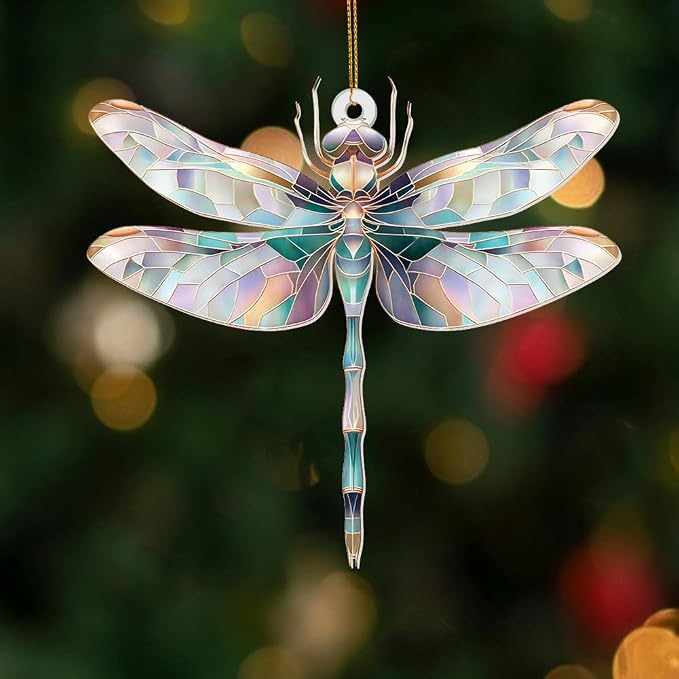 Dragonfly Ornament Stained Glass Style – Acrylic Window Hanging Suncatcher, Car Rearview Mirror Charm, Whimsical Holiday Christmas Tree Ornament, Unique Dragonfly Gifts for Women, Mom, Teacher(Sun-13)