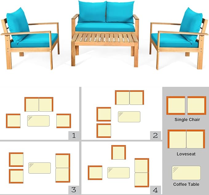 COSTWAY 4 Pieces Outdoor Acacia Wood Sofa Set, Outdoor Conversation Sofa Set with Table & Cushions Porch Chairs for Garden, Patio, Deck