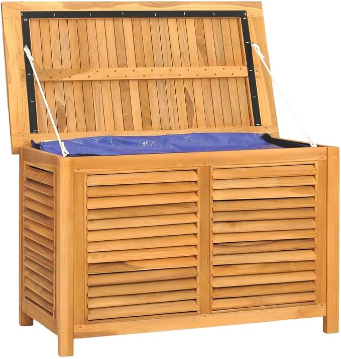 Deck Box Indoor Outdoor Storage Container Furniture with Bag, Patio Storage Box Bin Organizer for Garden Tools, 35.4"x19.7"x22.8" Solid Wood Teak