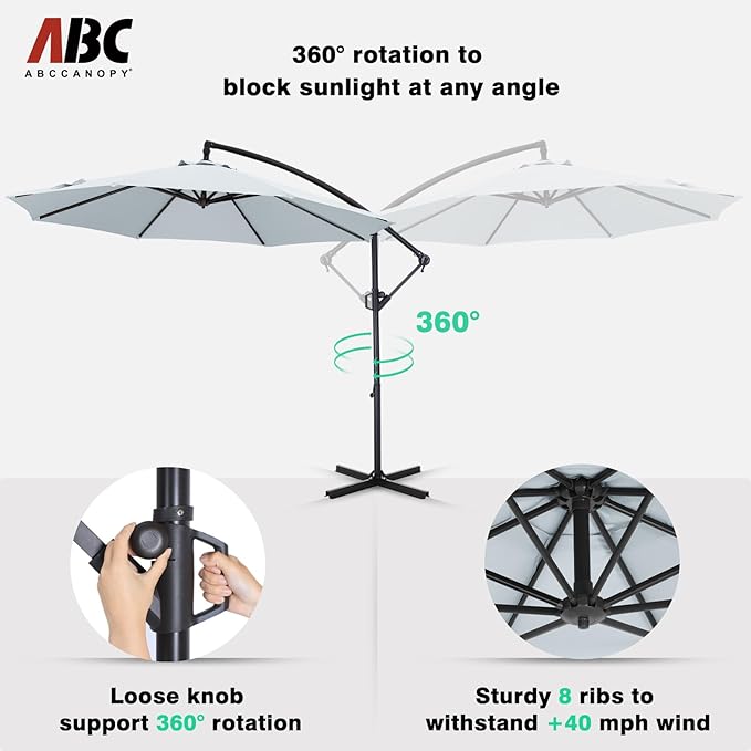 ABCCANOPY 10FT Cantilever Patio Umbrella 360° Rotation Outdoor Offset Umbrella for Backyard, Deck, Poolside (Gray)