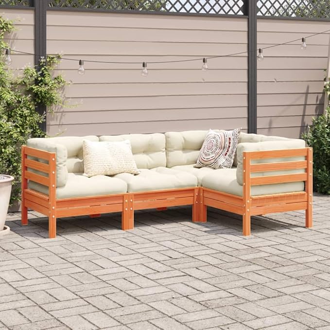 4 Piece Patio Sofa Set with Cushions, Outdoor Dining Sets Patio Conversation Set Garden Lounge Set Sectional Sofa for Exhibition Poolside Garden Negotiation Area Wax Brown Solid Wood Pine