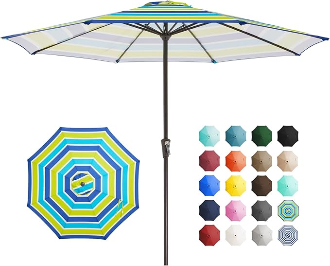 JEAREY 11' Patio Umbrellas Outdoor Table Market Umbrella w/Crank, 8 Sturdy Ribs, UV Protection Windproof for Garden, Deck, Backyard, Pool(Blue Green Striped)