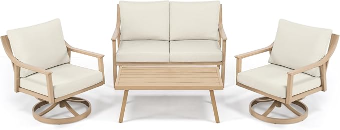 HAPPATIO 4-Piece Patio Furniture Set - Outdoor Aluminum Patio Conversation Set Includes 1 Loveseat, 2 Swivel Chairs, and 1 Coffee Table, Perfect for Porch, Deck, Garden, (Beige)