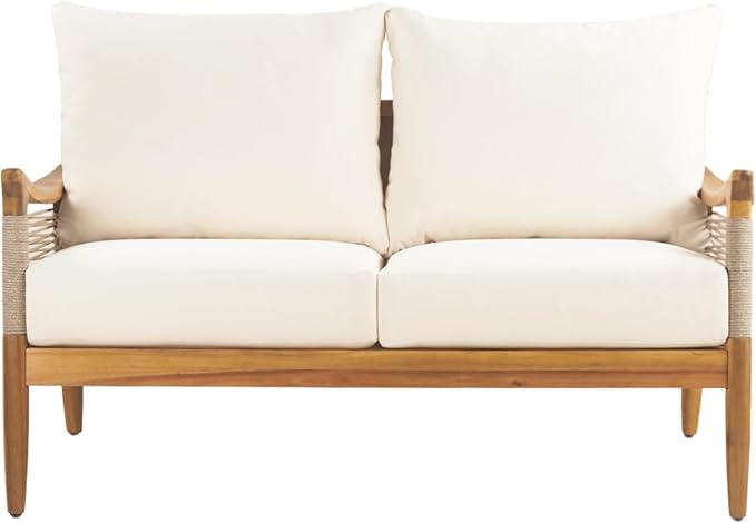 Merax 5-Piece Acacia Wood Patio Set with Rope Seats & Cushions | Teak-Finish Acacia Frame, Beige Woven Rope, Deep Seating Cushions And Coffee Table For Porch, Garden Or Backyard