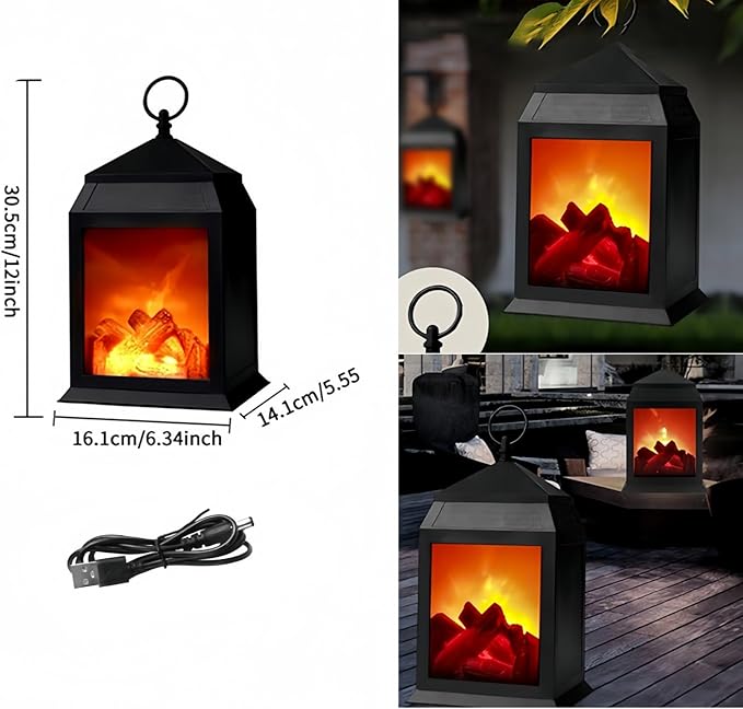 Simulated LED Fireplace Lantern USB & Battery Powered Flameless Light with Simulation Flame Table Decorative Lamp Mini Fireplace Ornament for Cozy Home Decor Free Standing Electric Log Burner