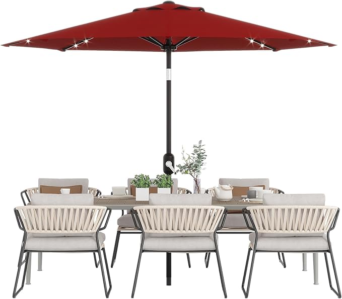 GarveeLife 10 ft Patio Umbrella with Solar Lights, 8 Ribs Outdoor Market Table Umbrella with 40 LED Lights & Tilt Crank for Pool, Deck, Backyard, Red