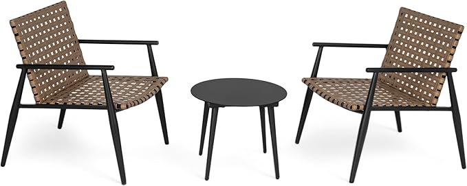 Christopher Knight Home Oakes Patio Table and Chairs Set, 3-Piece Patio Conversation Set, Outdoor Tempered Glass Table and PE Rattan Armchairs Set of 2, Garden/Poolside Reading Nook, Black+Brown
