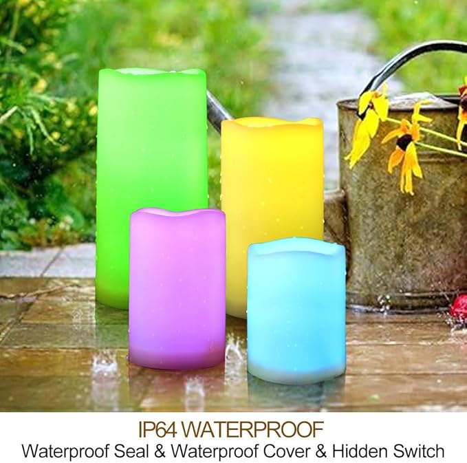 Set of 4 Multicolor LED Pillar Candles Outdoor IP64 Waterproof 3x4 3x5 3x6 3x7 - Color Changing Pillar Candles Battery Powered - Unscented LED Candles Assorted Colors with Timer and Remote