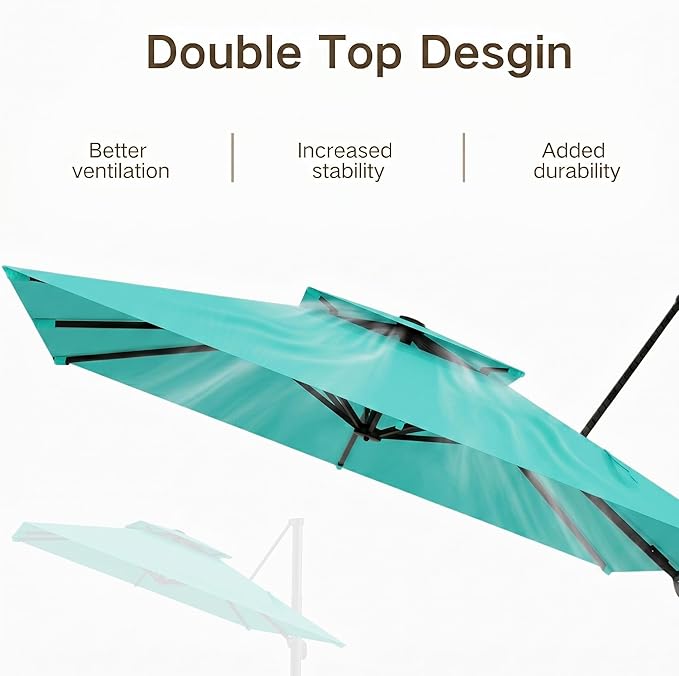 Kingdura Cantilever Patio Umbrella with Double Top Vent, Large Square Aluminum Outdoor Offset Umbrella with 360-degree Rotation, Infinite Tilt, UV Protection for Pool Deck Garden Patio