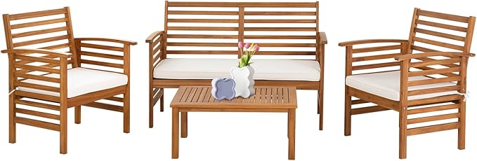 Outdoor Wood Sofa Set Patio Conversation Sets Acacia Patio Sofas Set with Thick and Soft Cushions Easy to Assemble Patio Furniture Set Natural Acacia Wood Compact and Sturdy Design Furniture Set