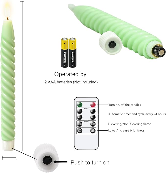Flameless Taper Candles Real Wax Flickering with Remote Timer, Pastel Green 3D Wick LED Spiral Candles Battery Operated 6 Pack 9.8 inch, Wedding Birthday Home Party Holiday Dinner Decor