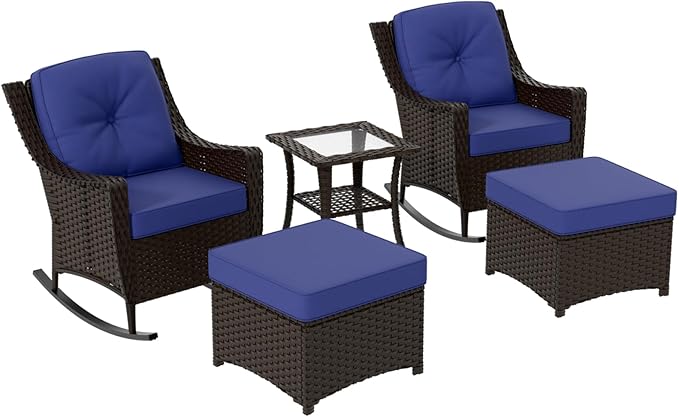Stone Creek Outdoor Furniture Set with Rocking Chairs, Side Table & Ottomans, Wicker Patio Conversation Set, Balcony Furniture, 5 Piece, Brown/Blue