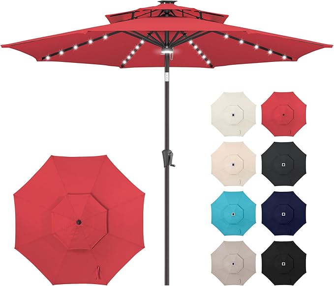 Jarka&Co 9ft Solar Patio Umbrella - 2 Tiers Solar Outdoor Umbrella with 40 LED Lights Waterprool UV Protection, Market Table Umbrella with Tilt for Backyard, Garden, Pool, Porch (Red)