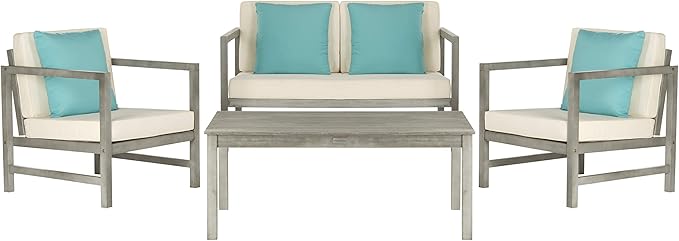 SAFAVIEH Outdoor Collection Montez Grey Wash/ White Cushions/ Light Blue 4-Piece Conversation Patio Set