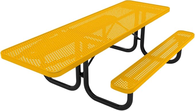 COATEDOUTDOORFURNITURE Heavy-Duty Portable ADA-Compliant Outdoor Picnic Table, Punched Steel Patio Dining Furniture Made in America (8ft Rectangular, One-Side Handicap, Textured Yellow)