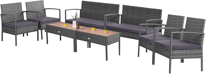 Tangkula 8 Pieces Rattan Patio Conversation Set, Patiojoy Outdoor Wicker Sofa with Seat Cushions, Heavy-Duty Steel Frame, Acacia Wood Tabletop, Outdoor Furniture for Poolside, Deck, Garden