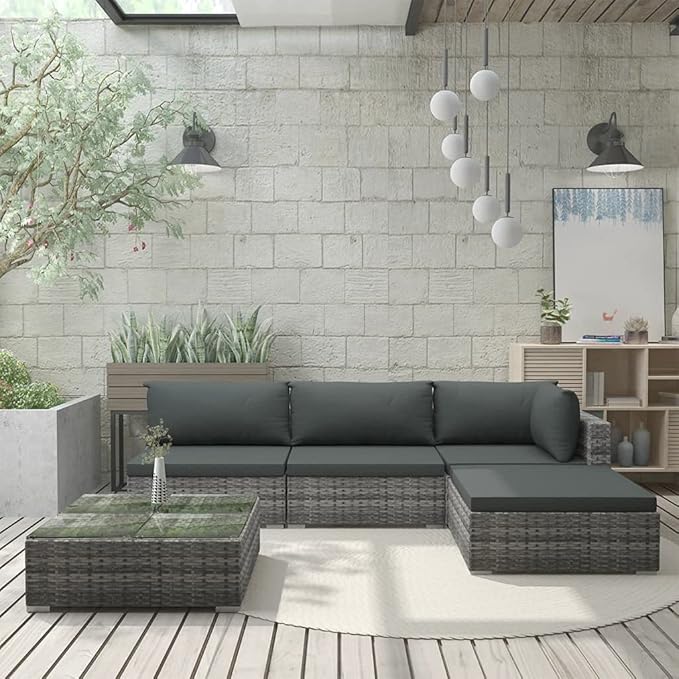 Patio Lounge Set with Cushions,Outdoor Furniture,Outdoor Furniture Sets,Patio Conversation Sets,for Garden,Deck,Backyard,5 Piece Poly Rattan Gray