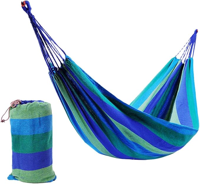 YARNOW Double Thick Canvas Hammock Swing for Two, 280x150cm Blue, Outdoor Camping Hanging Sleeping Bed with Two Bind Ropes and Storage Bag, Patio Backyard Relaxation Gear
