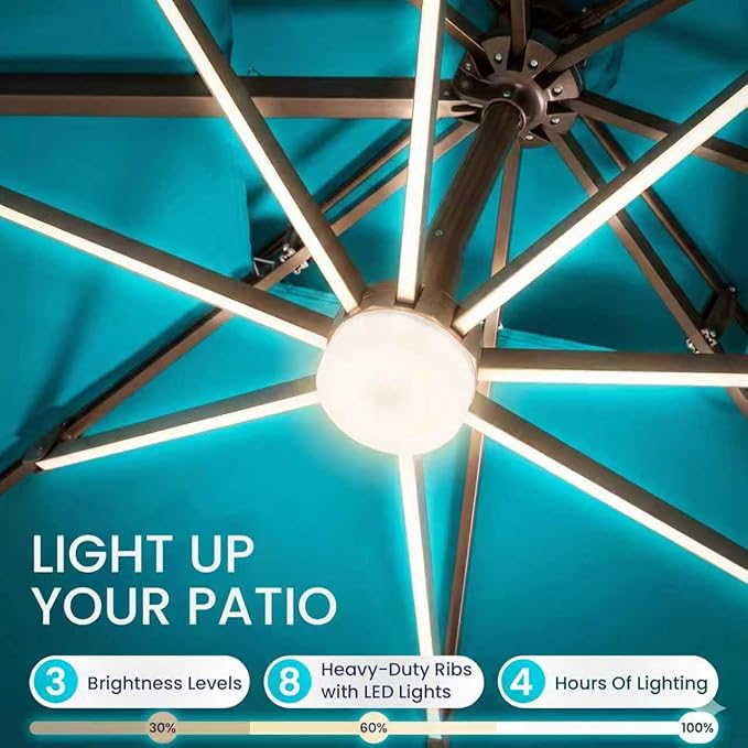 10x10 FT Cantilever Patio Umbrella with Base and Led Lights Double Top Outdoor Square Large Heavy Duty Aluminum Offset Umbrellas with 7 Level Tilt 360-degree Rotation for Pool Garden Deck, Turquoise
