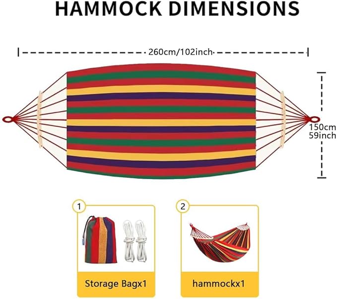 Cotton Canvas Hammock with Tree Straps - Portable Hammock for Outdoor Indoor Patio Backyard, Camping Hammock with Carry Bag, 440lbs Capacity, Without Stand(Red, with bar)
