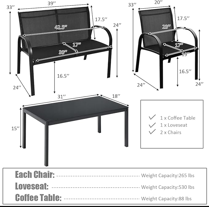 Tangkula 4 Pieces Patio Furniture Set, Metal Frame Heavy Duty Outdoor Conversation Set, Includes Glass Top Coffee Table, 2 Armrest Chairs and Loveseat, Suitable for Lawn Garden Porch Balcony Backyard