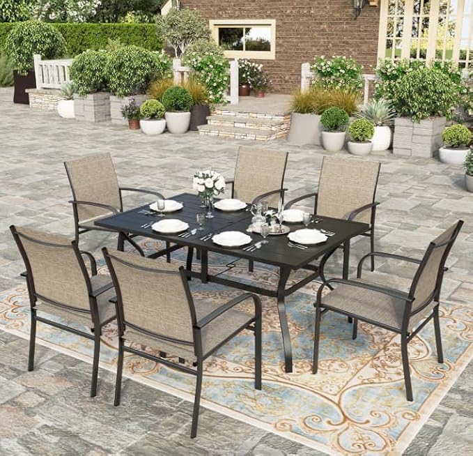 HERA'S HOUSE 7pc Patio Dining Set, 60" Metal Table, Textilene Chairs | Rectangular table with umbrella hole+ 6 brown chairs. Waterproof, rust-resistant, all-weather for backyard, porch