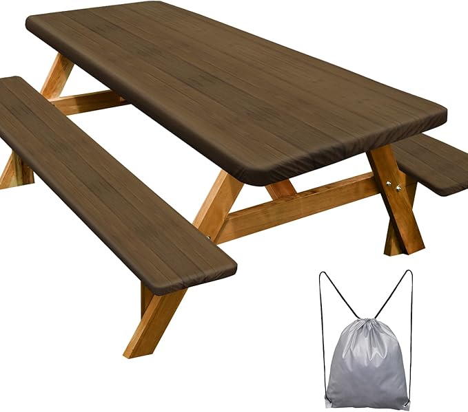 Play Tailor Picnic Table Cover with Bench Covers Camping Essentials Waterproof Windproof Camping Tablecloth with Drawstring Bag, Fitted Rectangle Tables and Seats, 72in, Dark Brown