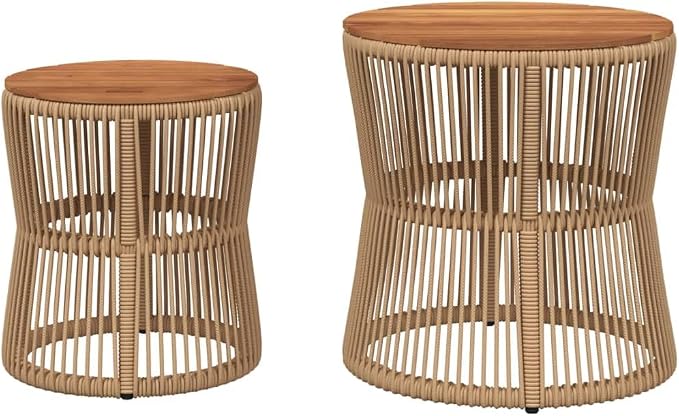 Patio Side Tables 2 Pcs with Wooden Top Beige Poly Rattan, Acacia Wood Outdoor End Tables Set, Powder-Coated Steel Frame for Garden Backyard Patio