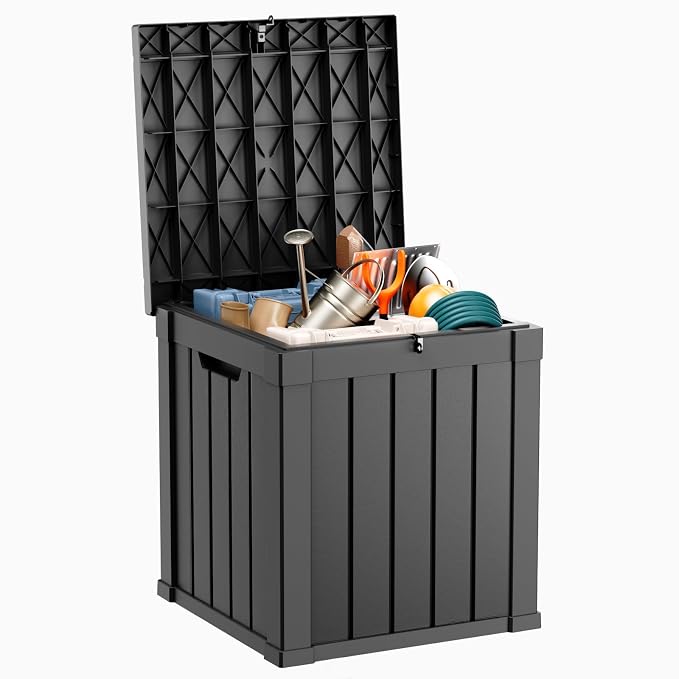 DRATO 51 Gallon Outdoor Storage Box Waterproof, Lockable Resin Deck Box with Lid for Patio Furniture Bench, Pool Garden Tools, Weatherproof Outside Storage Bin for Backyard Porch (Black, 51 Gallon)