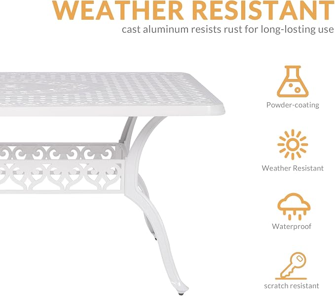 7-Piece Outdoor Patio Dining Set, 60” Rectangular Cast Aluminum Dining Table with Umbrella Hole and 6 Outdoor Dining Chairs, Patio Funiture Set for Backyard, Patio, Garden, White