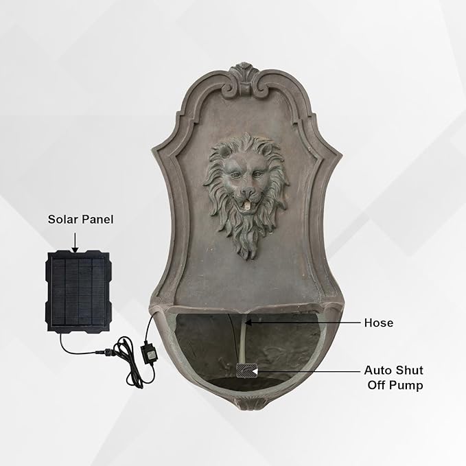 XBrand 29.9" Solar-Powered Wall-Mounted Lion Head Fountain, Resin, Outdoor, Gray