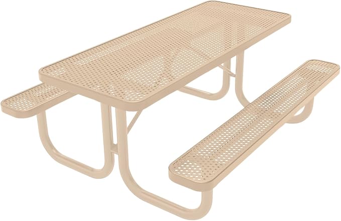 COATEDOUTDOORFURNITURE Heavy-Duty Portable Outdoor Picnic Table, Thermoplastic Coated Punched Steel Commercial-Grade Patio Furniture Made in America (6ft Rectangular, Tan with Tan Frames)