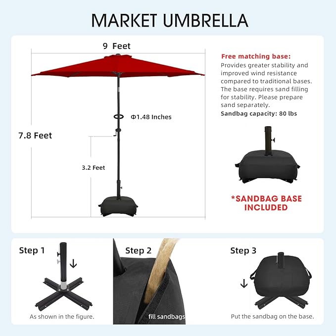 wikiwiki 9FT Patio Umbrella with Base, Outdoor Umbrellas with Base Included, 8 Sturdy Ribs, Waterproof Fade Resistant POLYESTER DTY Canopy for Deck, Lawn, Garden, Backyard & Pool, Red
