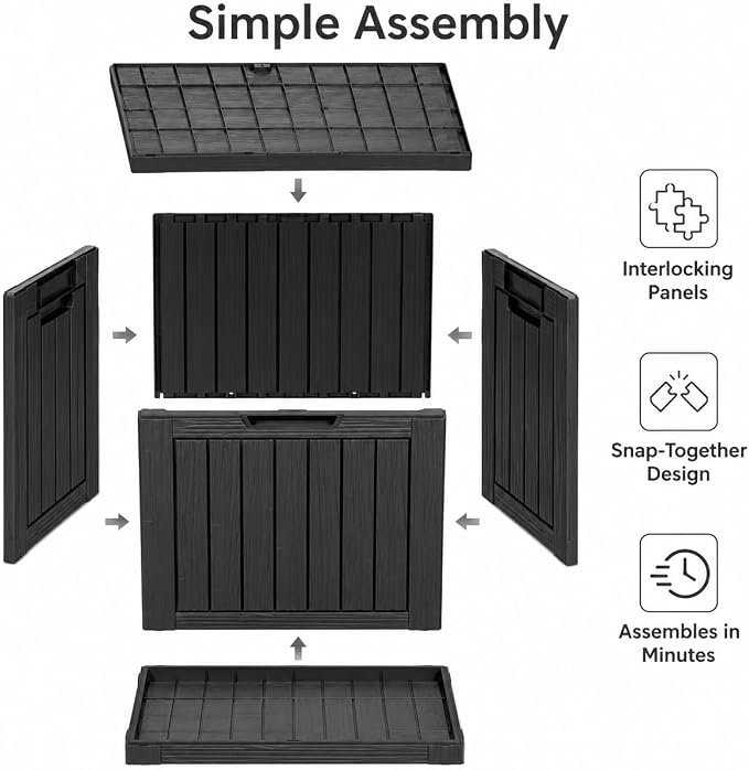 Outdoor Deck Patio Storage Box - 35 Gallon Small Outdoor Deck Box, Plastic Storage Bin with Lid, Outside Toy Box & Pool Storage Container for Cushions, Garden Tools, Towel, Lockable Chest, Black