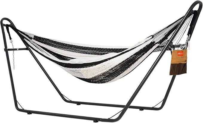 Lazy Daze Hammocks Handwoven Mayan Hammock with Heavy Duty Steel Stand, 10.5 FT Soft Rope Double Hammock for Patio Outside, 550 lbs Weight Capacity, Black/White