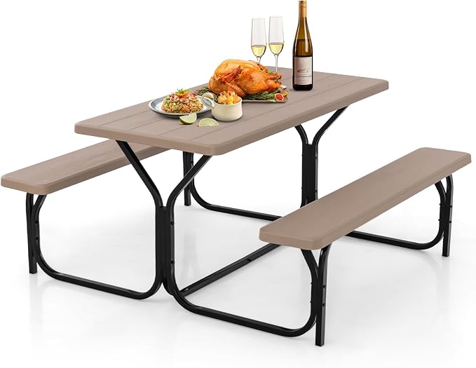 LDAILY Picnic Tables, Rectangular Picnic Table with Steel Frame, 2 Benches Set, HDPE Tabletop, Plastic Picnic Table for Outdoor, Camping, Patio, Lawn, Yard, Picnic Parties (Wood Color)