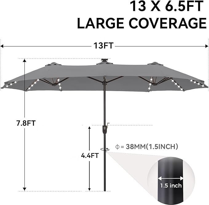 GREEN PARTY 13ft Outdoor Patio Umbrella with Solar Lights, 120 LED 12-Mode Large Double Sided Rectangular Table Umbrella, Heavy Duty Triple-Head Shade for Backyard Deck & Poolside, Gray(No Base)