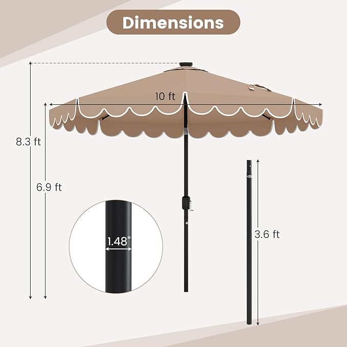 HAPPYGRILL 10 FT Patio Umbrella with Solar Lights, Market Sunshade with Ruffles, Vented Top, Tilt Adjustment & Built-in Crank, Outdoor Parasol Canopy for Backyard Poolside Deck Beach Lawn