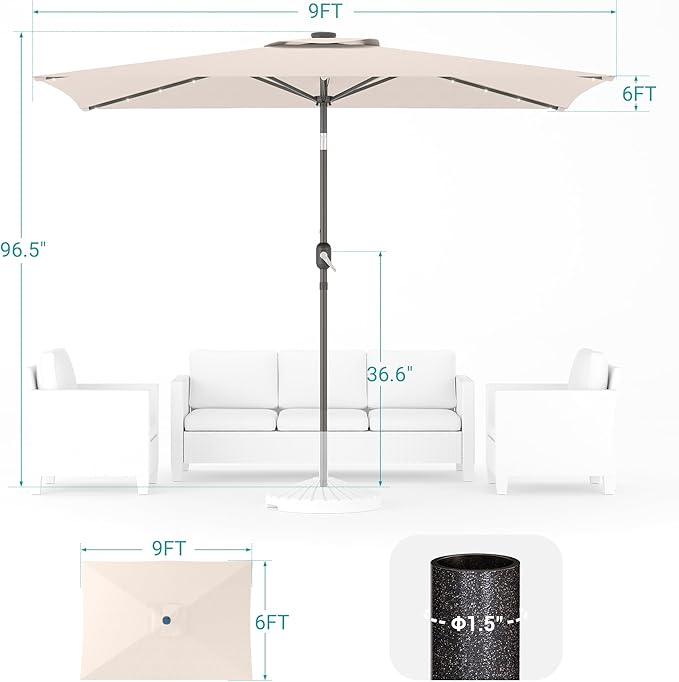 Rectangle Patio Umbrella with Solar Lights, 6x9ft Outdoor Rectangular Table Market Umbrella Patio with Push Button Tilt and Crank for Pool, Deck, Garden,Backyard