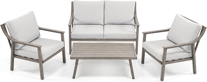 HAPPATIO 4-Piece Patio Furniture Set - Outdoor Aluminum Patio Conversation Set Includes 1 Loveseat, 2 Armchairs, and 1 Coffee Table, Perfect for Porch, Deck, Garden, (Grey)