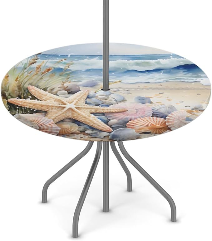 OSAM SPACE Outdoor Tablecloth with Umbrella Hole, Round Elastic Fitted Table Cloth with Invisible Zipper, Beach Starfish Picnic Patio Table Cover 45-56in