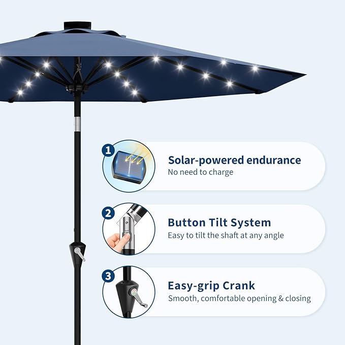 Garvee 9FT Solar Patio Umbrella with 32 LED Lights - Outdoor Table Umbrella with Crank Lift, Push Button Tilt and 8 Sturdy Ribs - Market Umbrella UV Protection for Pool, Deck, Yard, Garden -Navy Blue