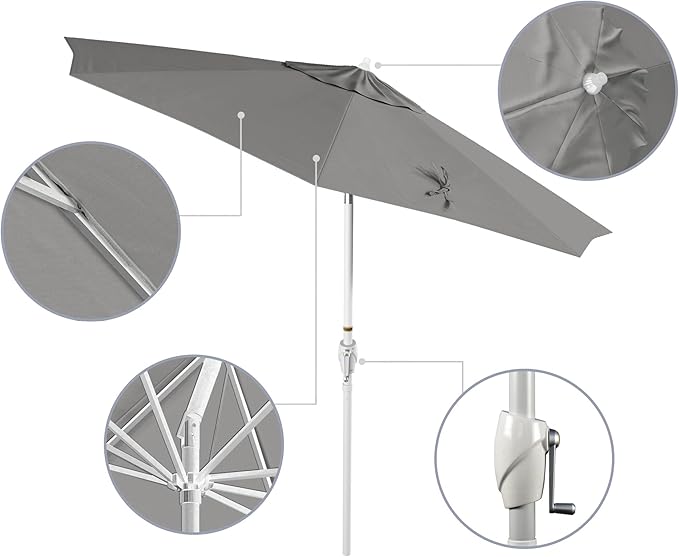 California Umbrella 12-Year Protection 9' Rd Aluminum Patio Umbrella, Crank Lift, Auto Tilt, White Finish, Sunbrella Granite