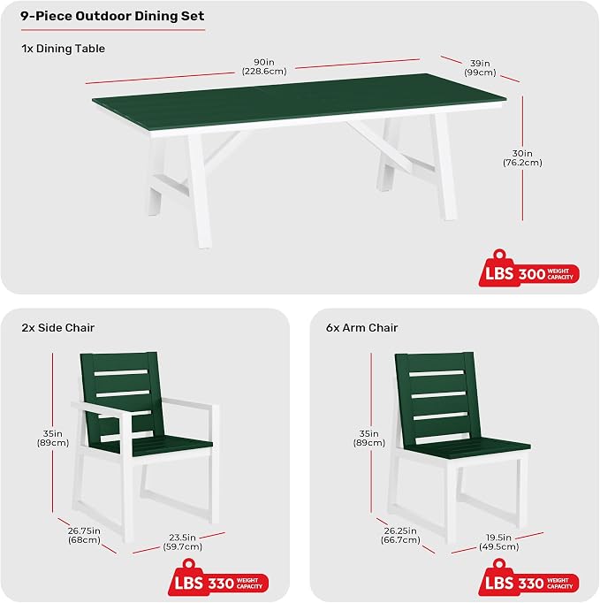 Costaelm Stinson 9-Piece Outdoor HDPE Patio Dining Table Set with Umbrella Hole & Dining Chairs for 8, Dark Green
