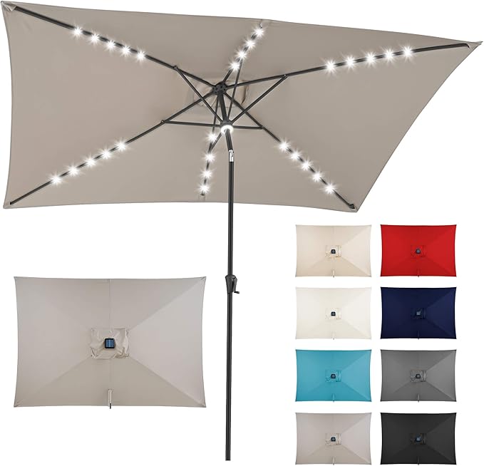 FLAME&SHADE 6.5 x 10 ft Rectangular Solar Powered Outdoor Market Patio Table Umbrella with LED Lights and Tilt, Taupe