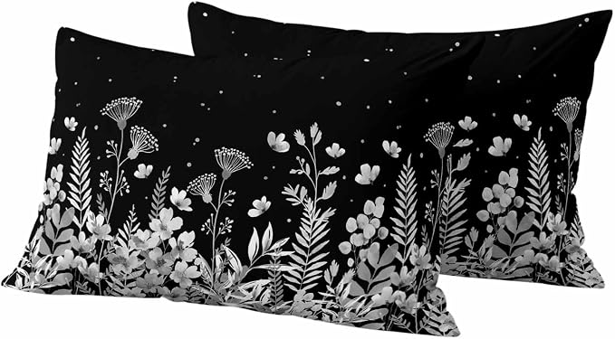 Outdoor Pillow Covers Waterproof, Vintage Floral Decorative Rectangle Throw Pillowcases Patio Cushion Covers for Tent/Garden, 20" x 12" 2 Pack, Spring Wildflowers Country Botanical Black