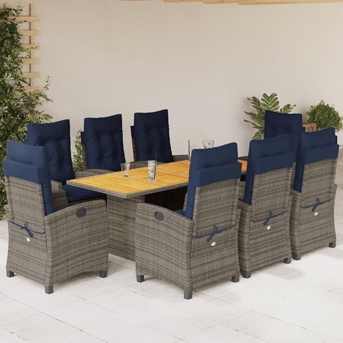 Backyard Furniture Patio Conversation Sets Outdoor Seating 9 Piece Patio Dining Set with Cushions Gray Poly Rattan Suitable for Gardens, Balconies, Decks