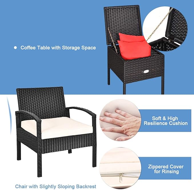 HAPPYGRILL 3 Pieces Patio Furniture Set Rattan Wicker Sofa Set with Removable Cushions and Coffee Table, Outdoor Conversation Bistro Chairs Set with Storage Table for Garden Poolside Balcony